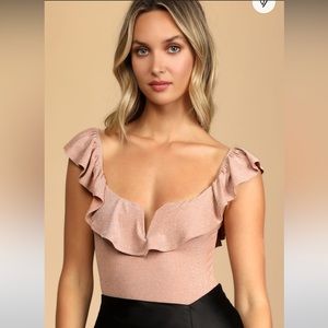 Lulu’s She's Stunning Blush Pink Sparkly Ruffled Sleeveless Bodysuit